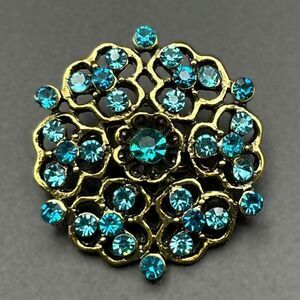 Yellow Gold with Blue Sapphire and Aquamarine Crystal Flower Pin Back Brooch